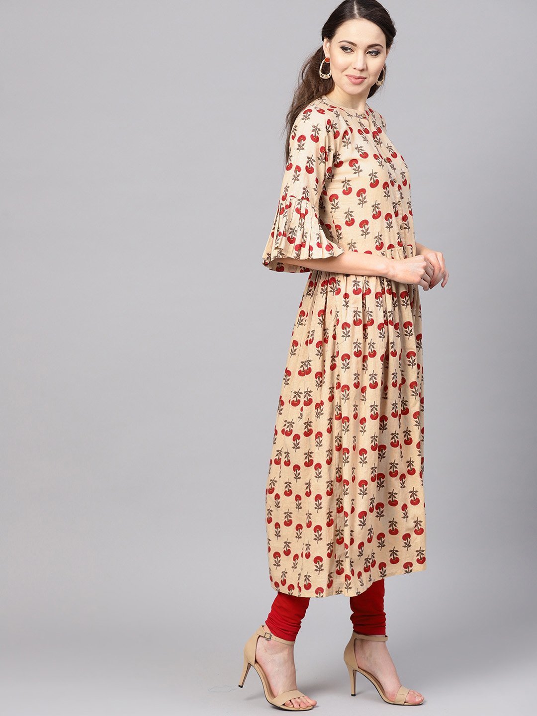 Women's Pink Cotton Printed Bell Sleeves Round Neck Casual Kurta Only