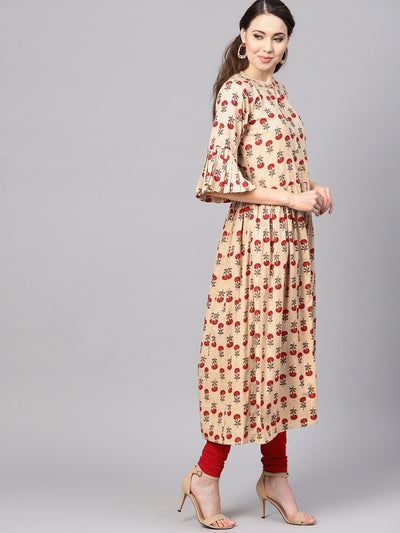 Women's Pink Cotton Printed Bell Sleeves Round Neck Casual Kurta Only