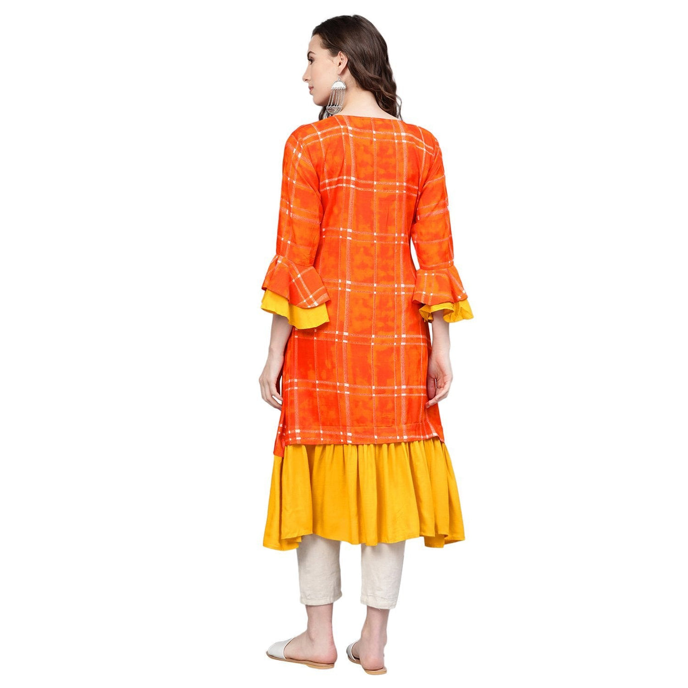 Women's Orange Rayon Printed 3/4 Sleeve Round Neck Casual Kurta Only