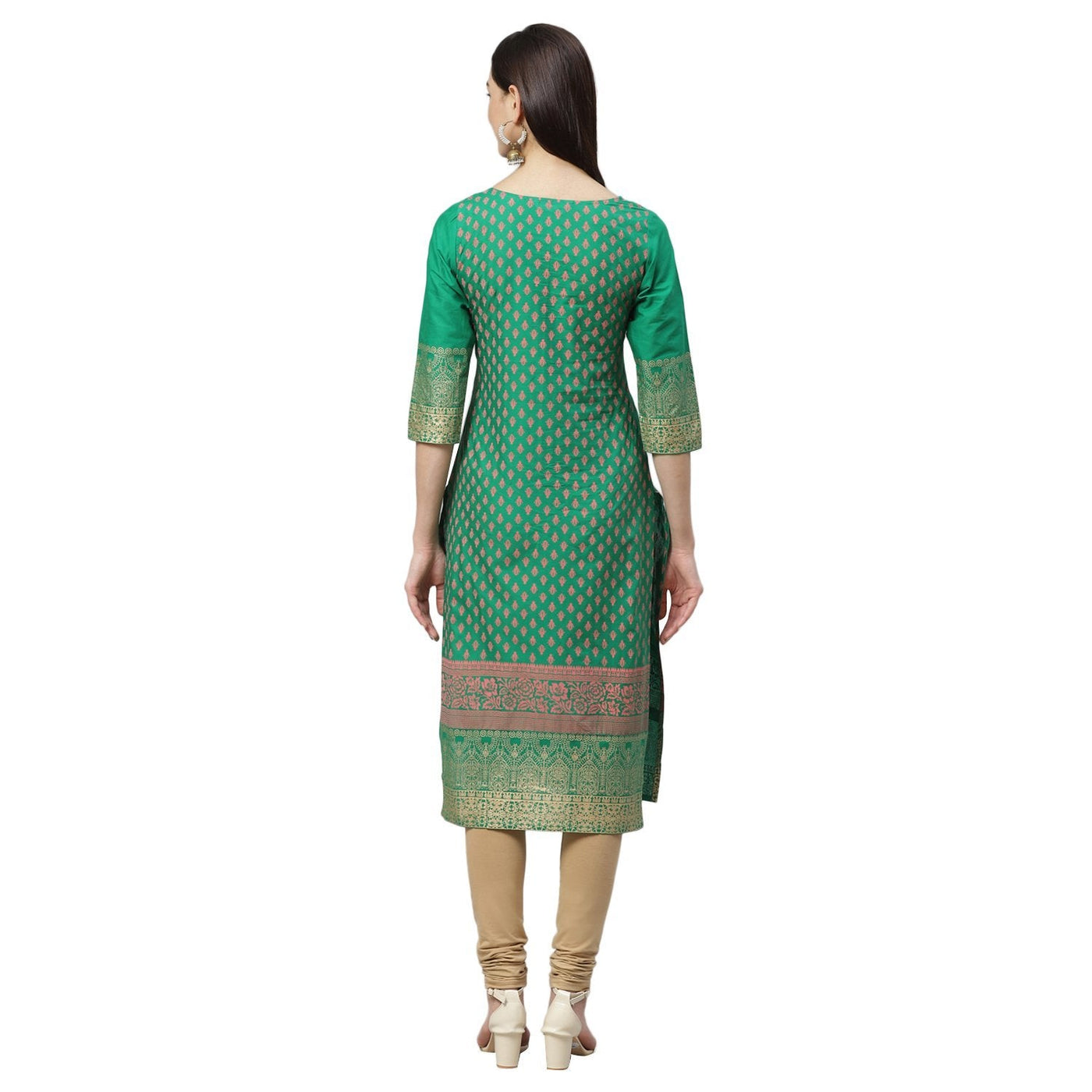Women's Green Cotton Printed 3/4 Sleeve Round Neck Casual Kurta Only