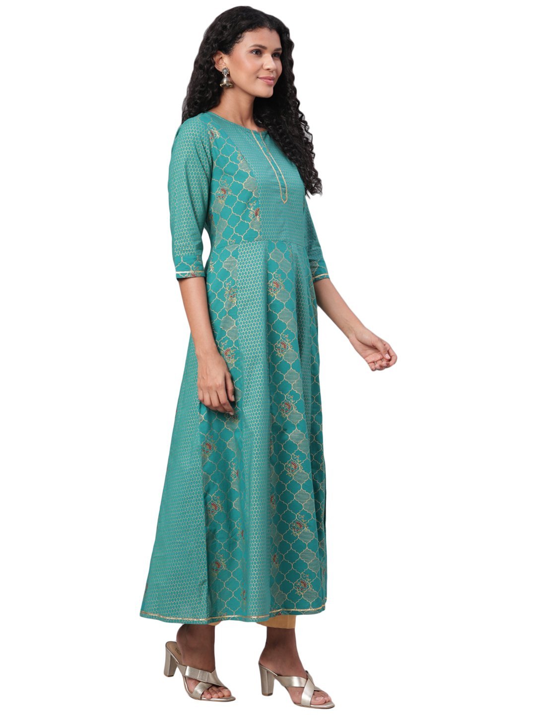 Women's Green Printed 3/4 Sleeve Cotton Round Neck Casual Anarkali Kurta Only