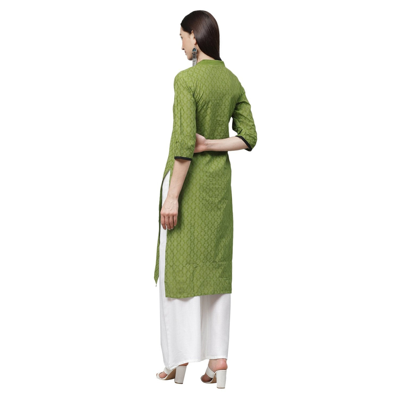 Women's Green Cotton Printed 3/4 Sleeve Mandrin Neck Casual Kurta Only