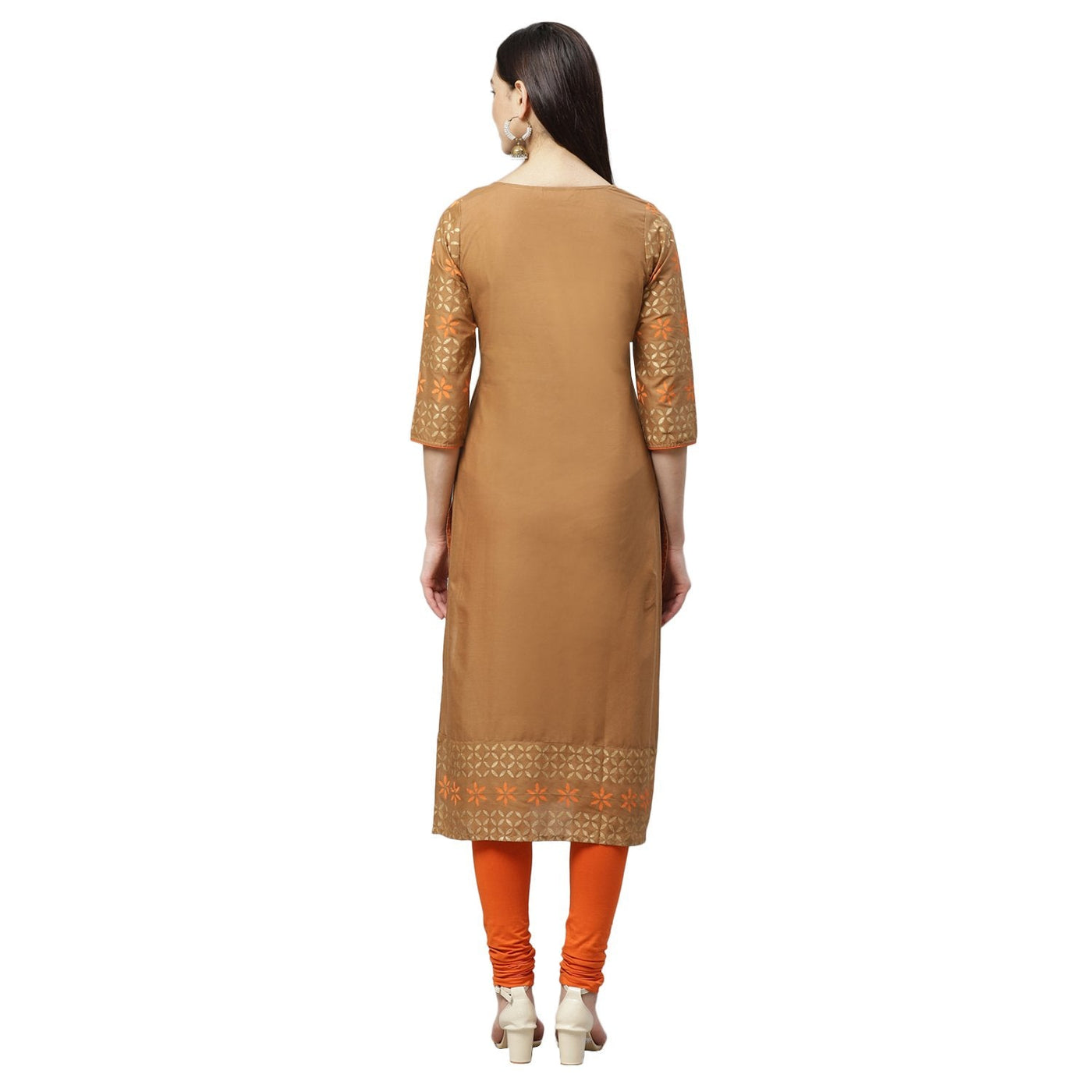 Women's Beige Cotton Printed 3/4 Sleeve Round Neck Casual Kurta Only