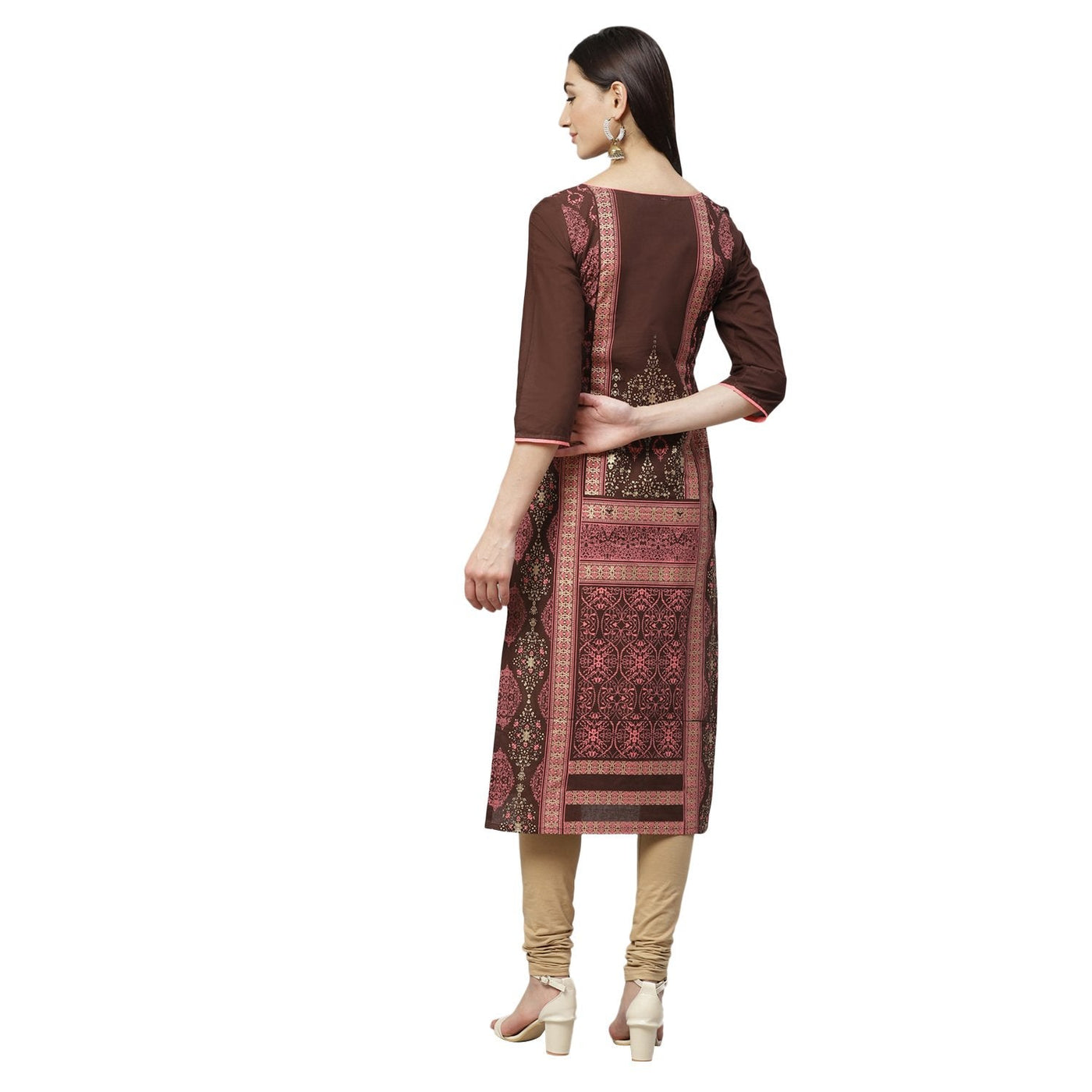 Women's Maroon Cotton Printed 3/4 Sleeve Round Neck Casual Kurta Only