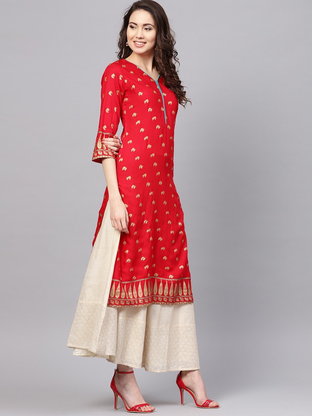 Women's Blue Rayon Printed Short Sleeve Round Neck Casual Kurta Only