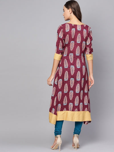 Women's Purple Rayon Printed 3/4 Sleeve Round Neck Casual Kurta Only