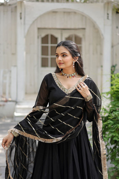 Women's Black Cotton Embroidery Anarkali Set