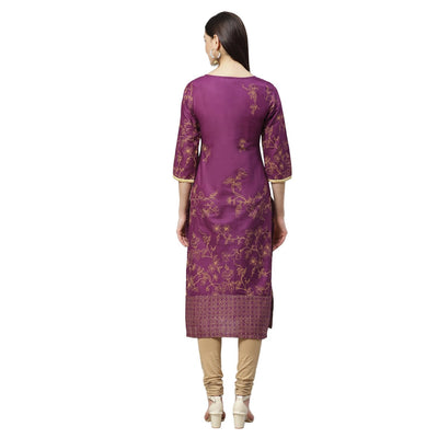 Women's Purple Cotton Printed 3/4 Sleeve Round Neck Casual Kurta Only