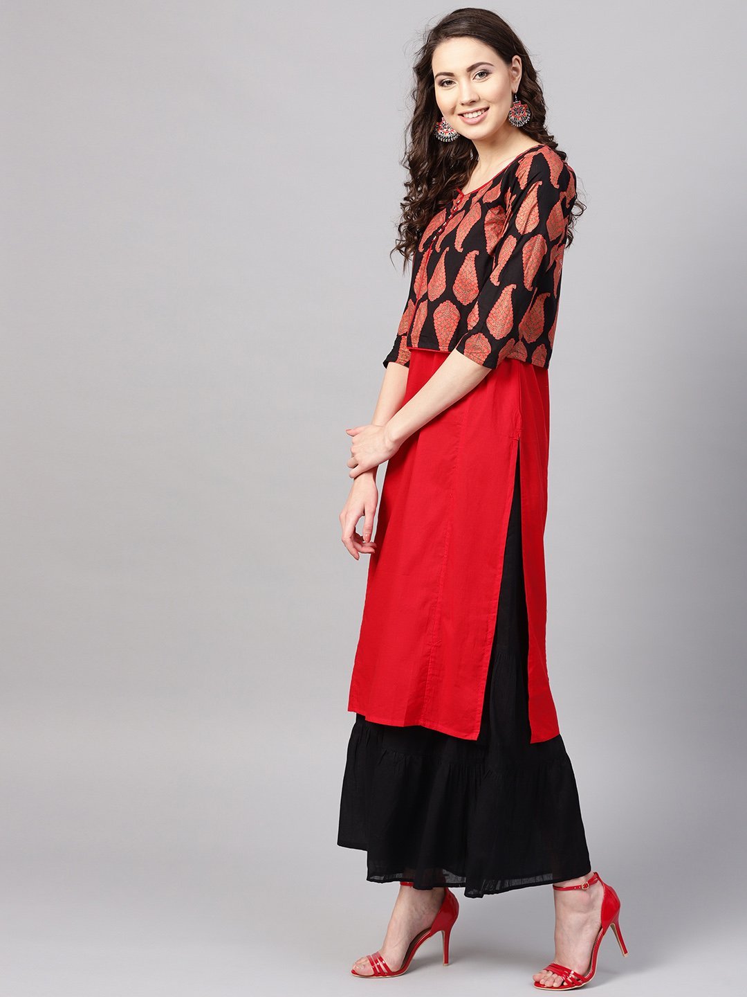 Women's Red Cotton Printed Half Sleeve Round Neck Casual Kurta Only