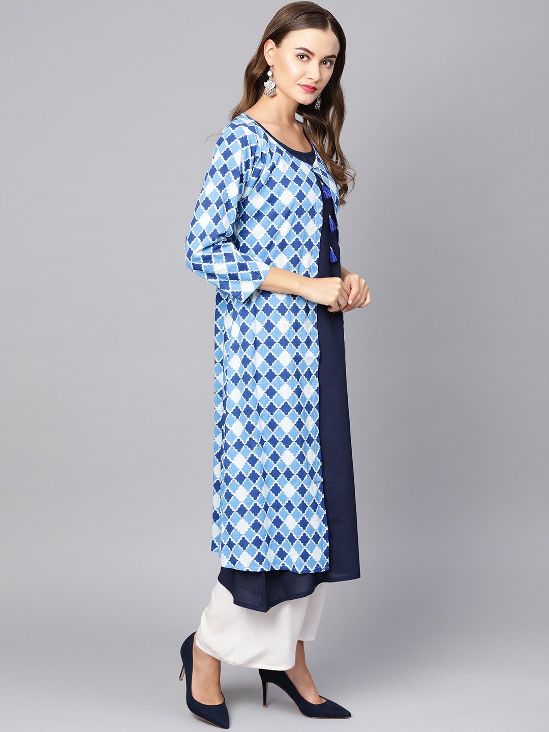 Women's Blue Cotton Printed Full Sleeve Round Neck Casual Kurta Only