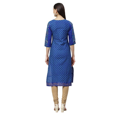 Women's Blue Cotton Printed 3/4 Sleeve Round Neck Casual Kurta Only