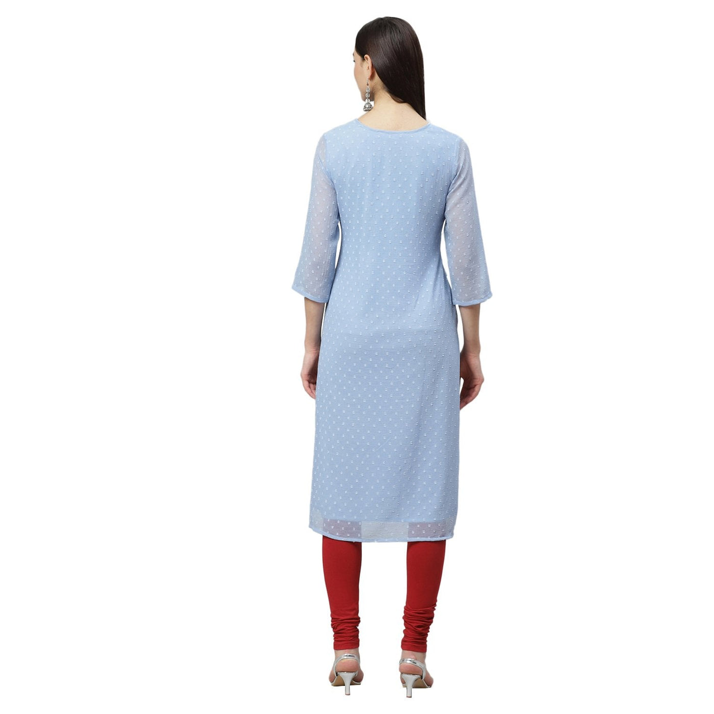 Women's Blue Dobby Chiffon Printed 3/4 Sleeve Round Neck Casual Kurta Only