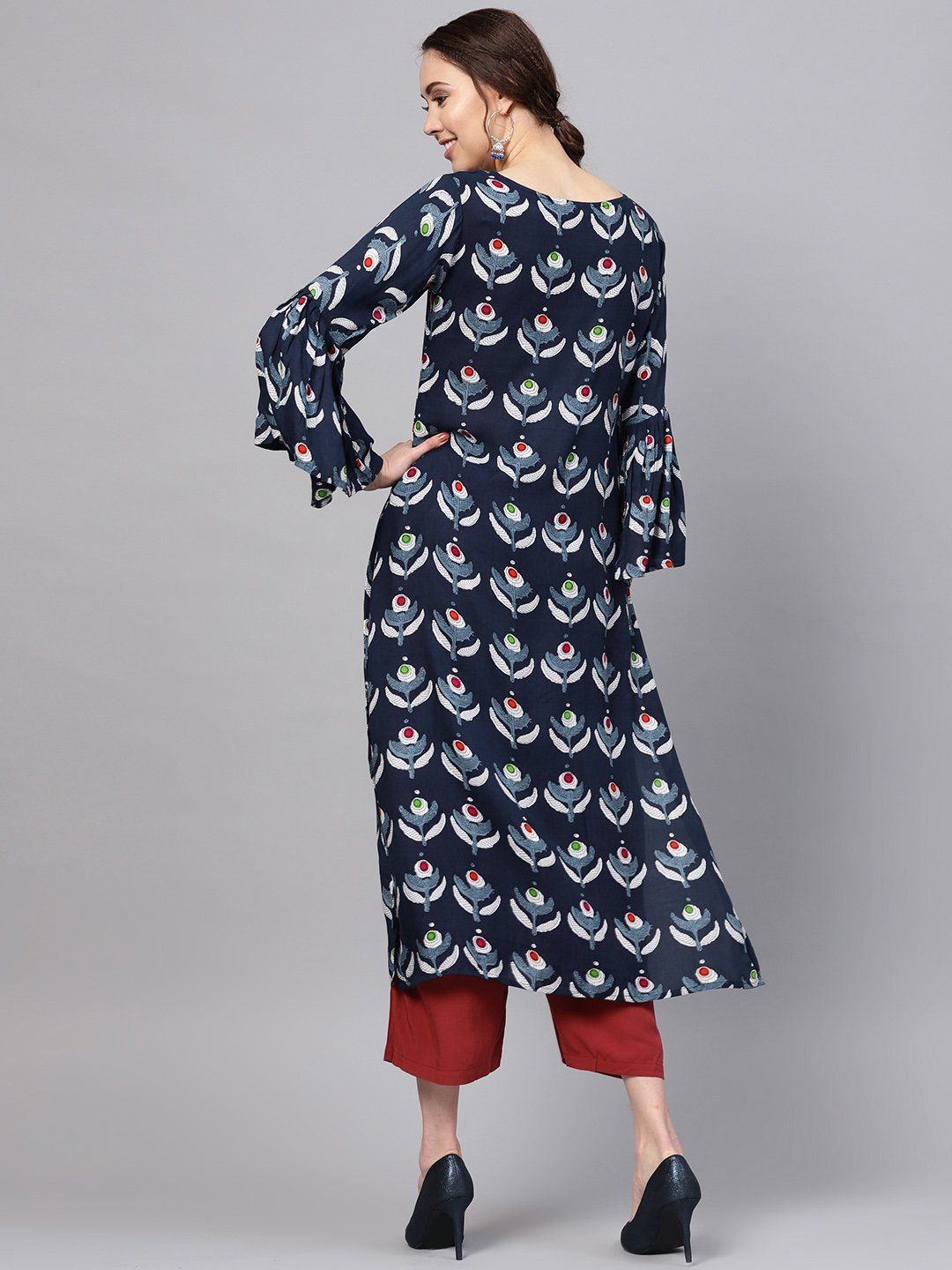 Women's Dark Blue Rayon Printed Balloon Sleeve Round Neck Casual Kurta Only