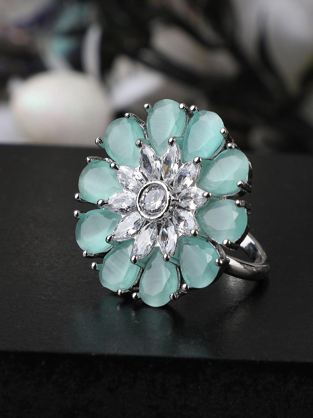 Women's Sea Green Silver-Plated Ad-Studded Hand Crafted Adjustable Finger Ring