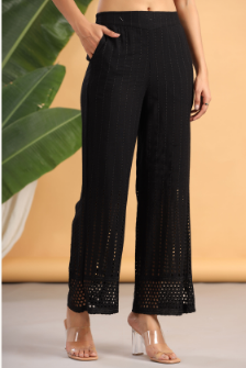 Women's Black Rayon Schiffli Flared Palazzo