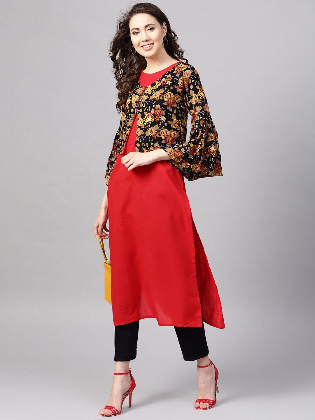 Women's Red Rayon Printed 3/4 Sleeve Round Neck Casual Kurta Only
