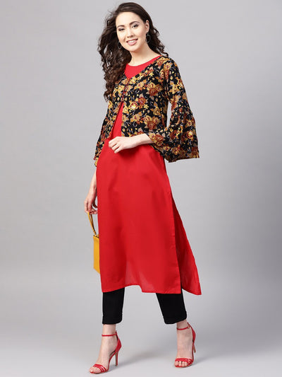Women's Red Rayon Printed 3/4 Sleeve Round Neck Casual Kurta Only
