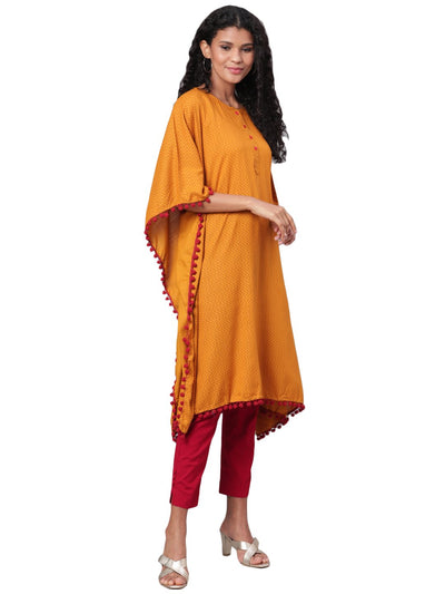 Women's Yellow Printed Sleeveless Round Neck Cotton Slub Casual Kaftaan Top