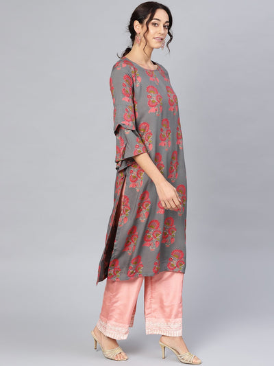 Women's Grey Rayon Printed 3/4 Sleeve Round Neck Dress