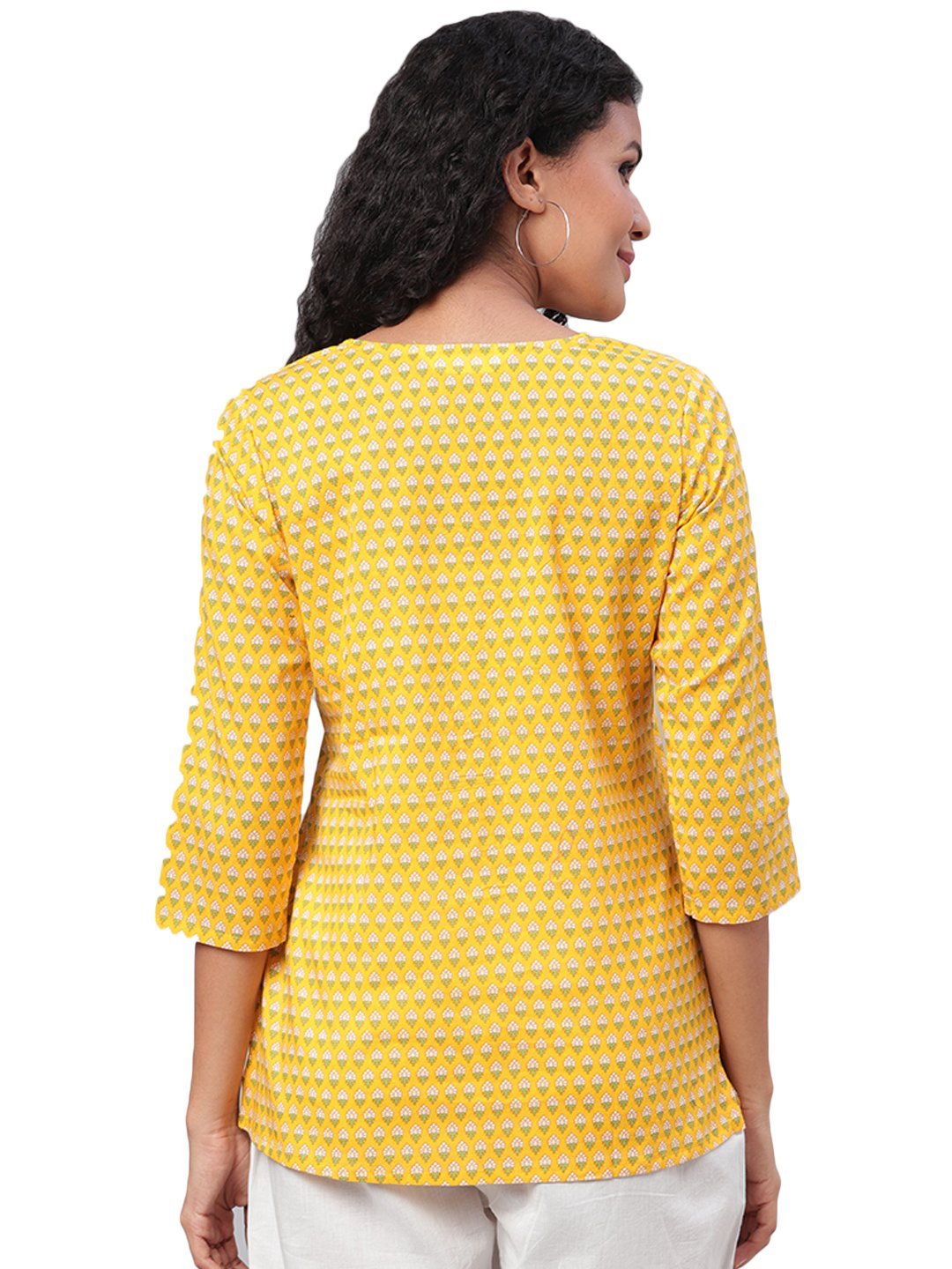 Women Yellow Cotton Printed Short Kurti by Myshka