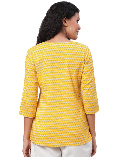 Women Yellow Cotton Printed Short Kurti by Myshka