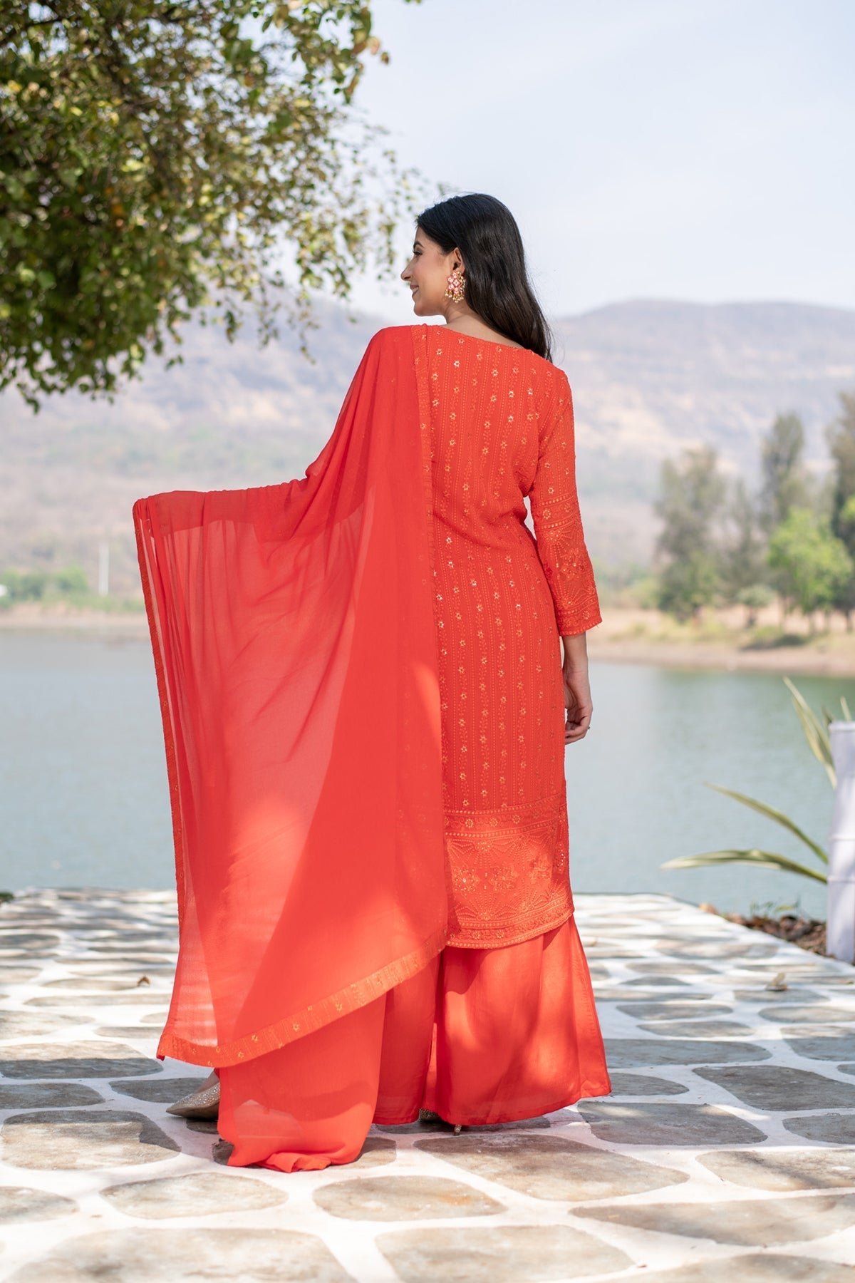 Women's Burnt Orange Heavy Thread Work Long Kurta Set