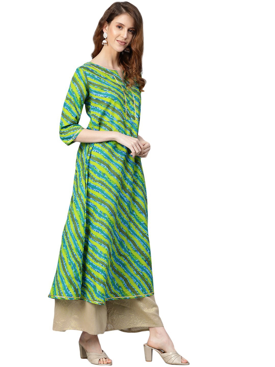 Women's Green Printed 3/4 Sleeve Cotton Round Neck Casual Kurta Only