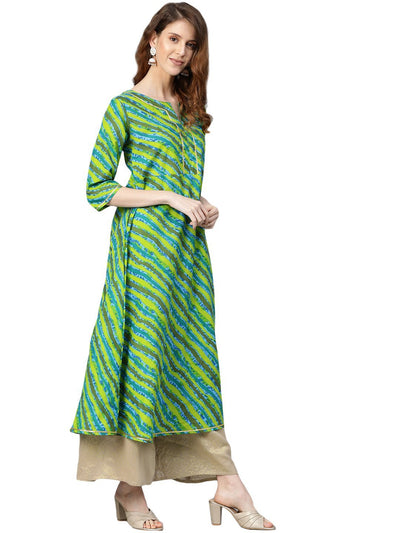 Women's Green Printed 3/4 Sleeve Cotton Round Neck Casual Kurta Only