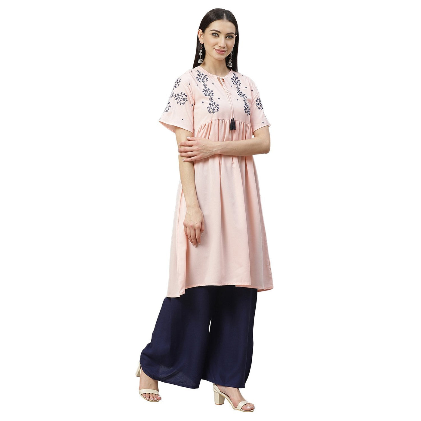 Women's Pink Ravera Crepe 100% Polyester Printed Half Sleeve Round Neck Casual Kurta Only
