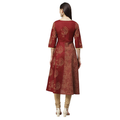 Women's Maroon Cotton Printed 3/4 Sleeve Round Neck Casual Anarkali Kurta Only
