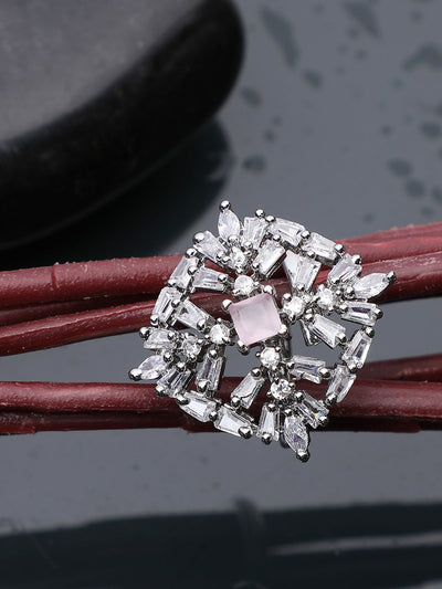 Women's Stylish American Diamond Studded Silver Plated Square Shaped Adjustable Ring