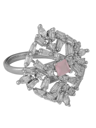 Women's Stylish American Diamond Studded Silver Plated Square Shaped Adjustable Ring