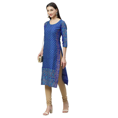 Women's Blue Cotton Printed 3/4 Sleeve Round Neck Casual Kurta Only
