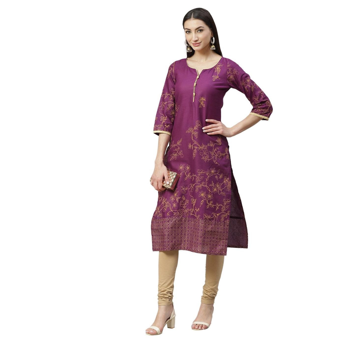 Women's Purple Cotton Printed 3/4 Sleeve Round Neck Casual Kurta Only