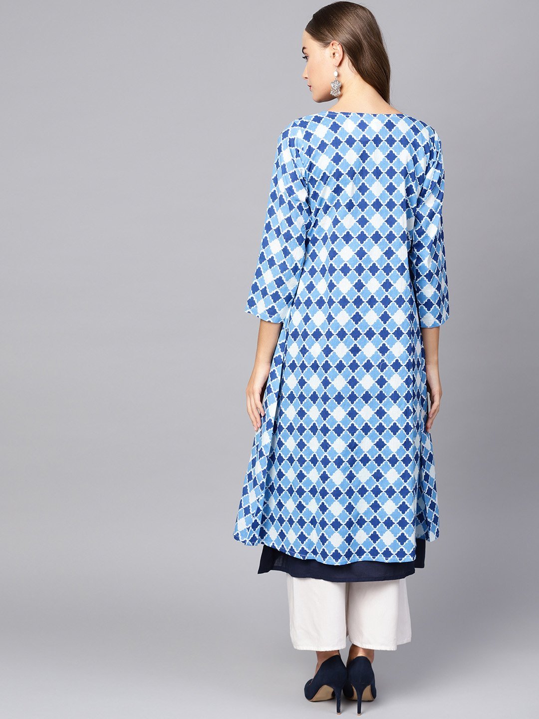 Women's Blue Cotton Printed Full Sleeve Round Neck Casual Kurta Only