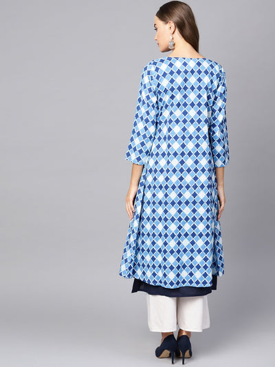 Women's Blue Cotton Printed Full Sleeve Round Neck Casual Kurta Only