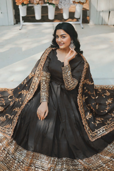 Women's Black Vichitra Silk  Embroidery  Anarkali Set