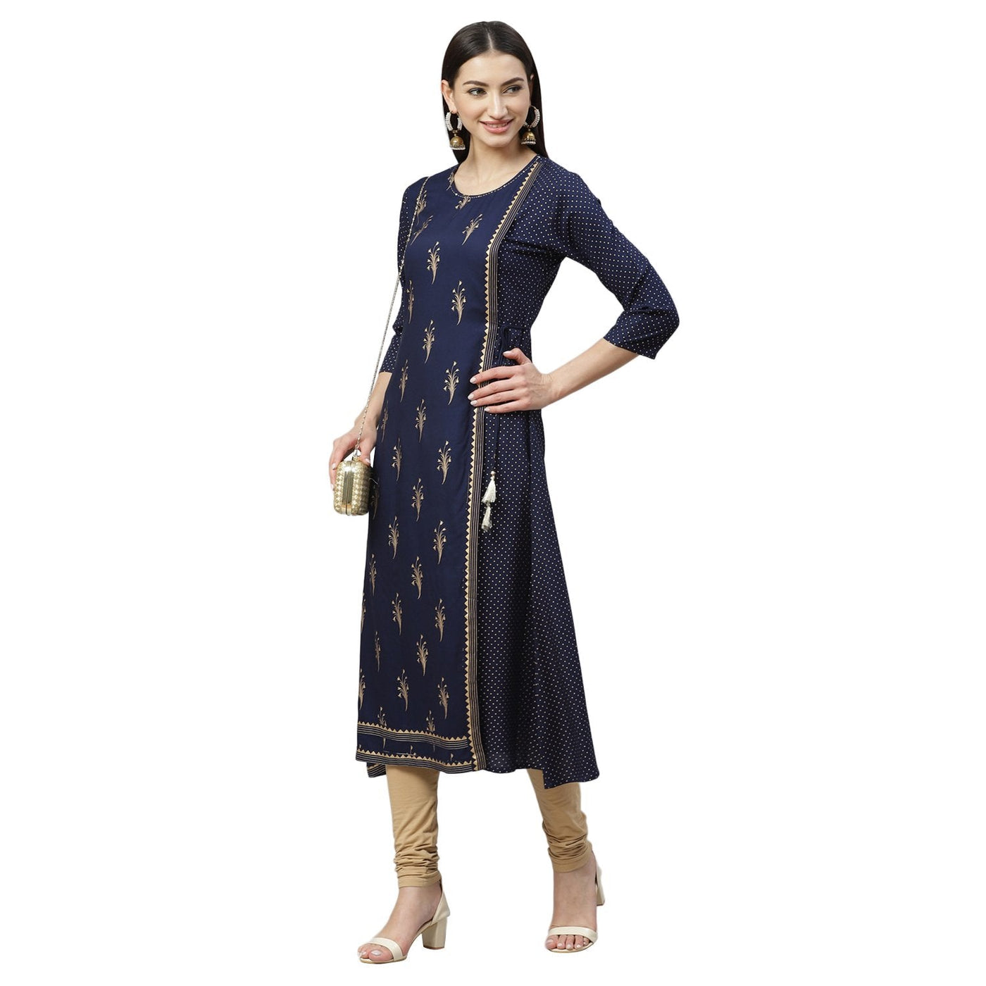 Women's Navy Blue Rayon Gold Print Printed 3/4 Sleeve Round Neck Casual Kurta Only