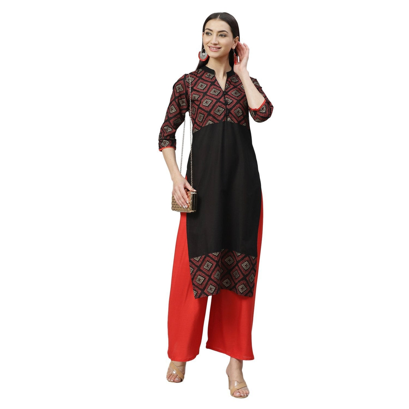 Women's Multicolor Cotton Printed 3/4 Sleeve Mandrin Neck Casual Kurta Only