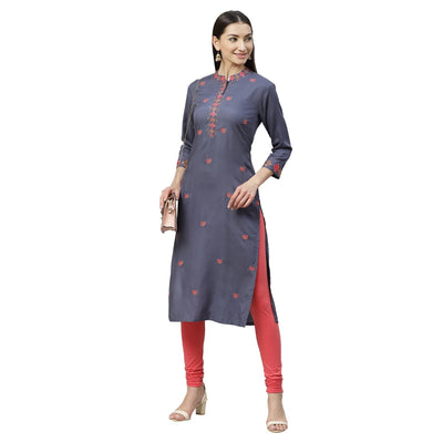 Women's Grey Rayon Printed 3/4 Sleeve Collar Casual Kurta Only
