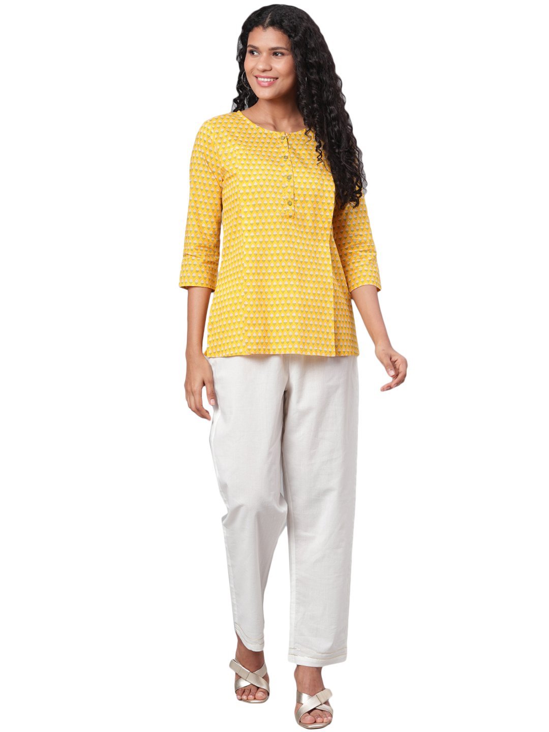 Women Yellow Cotton Printed Short Kurti by Myshka