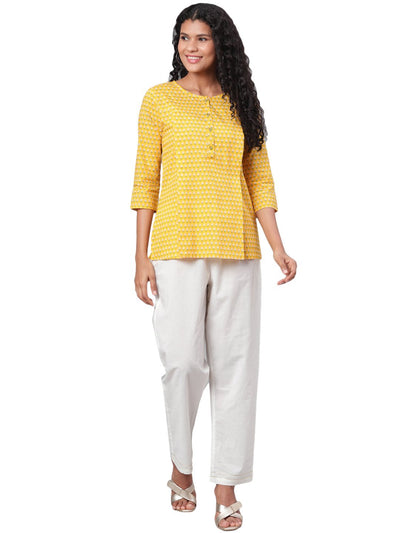 Women Yellow Cotton Printed Short Kurti by Myshka
