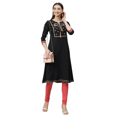 Women's Black Rayon Printed 3/4 Sleeve Round Neck Casual Kurta Only