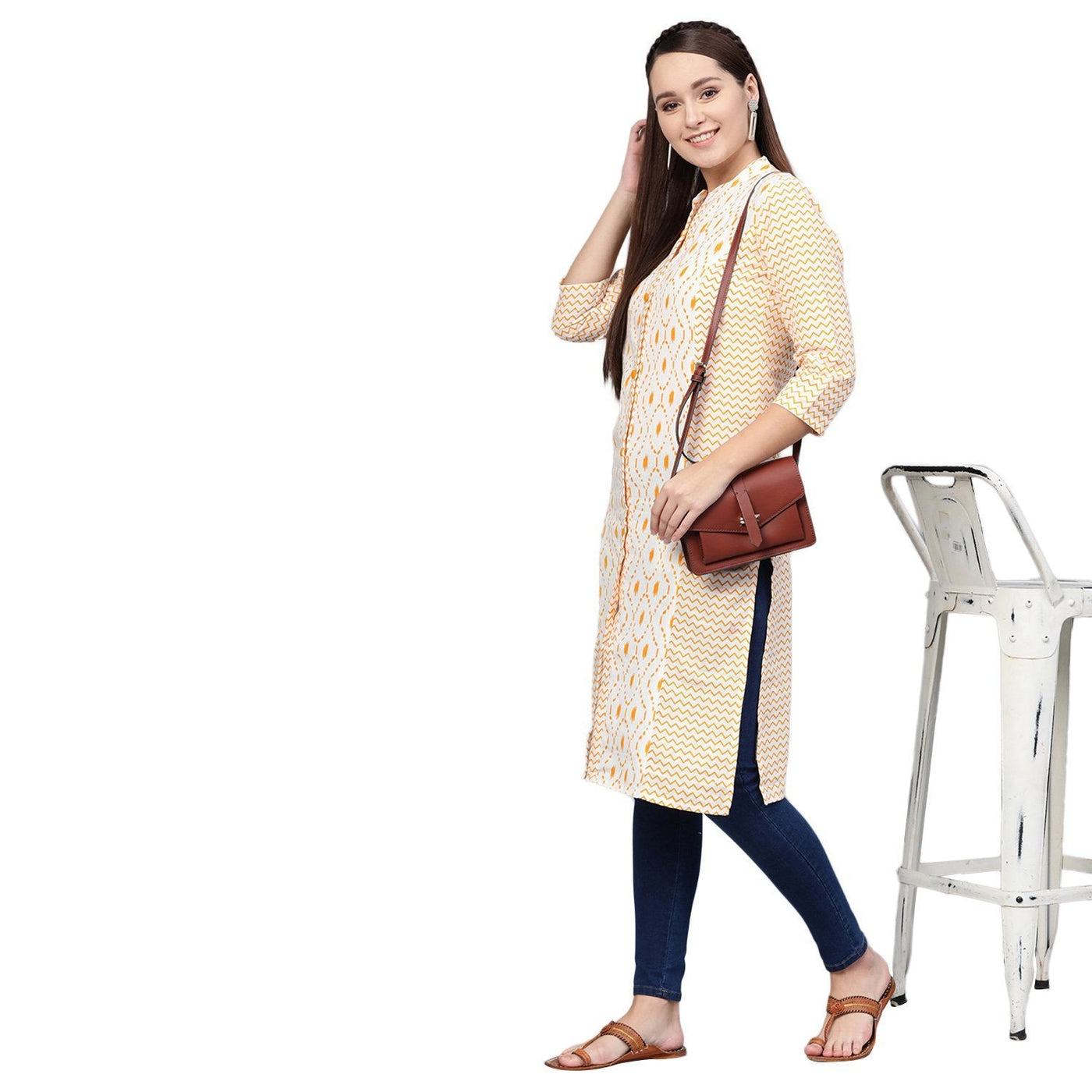 Women's White Cotton Printed 3/4 Sleeve Round Neck Casual Kurta Only