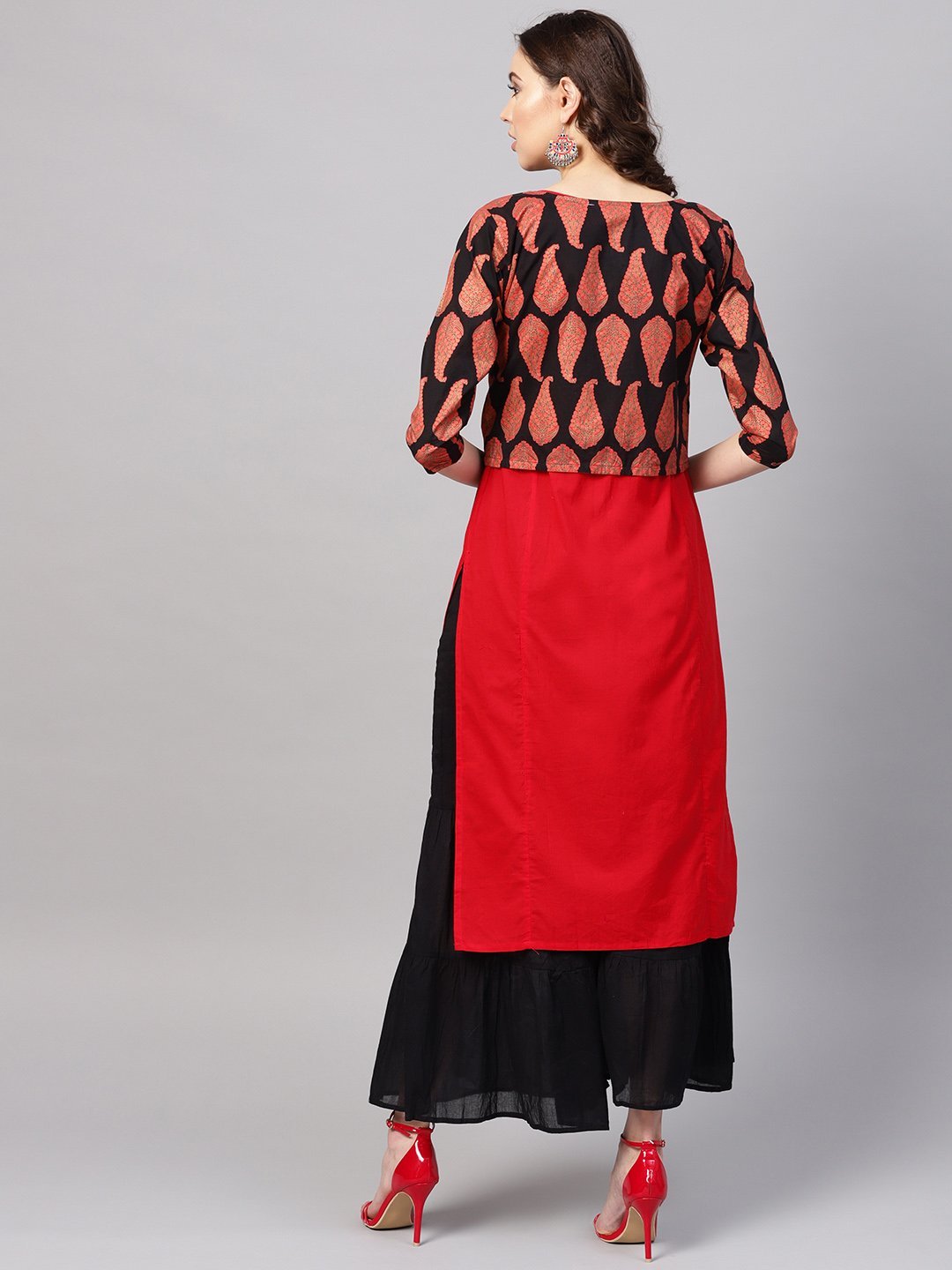 Women's Red Cotton Printed Half Sleeve Round Neck Casual Kurta Only