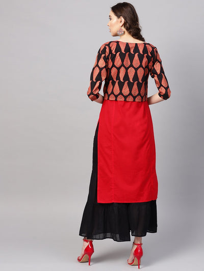 Women's Red Cotton Printed Half Sleeve Round Neck Casual Kurta Only