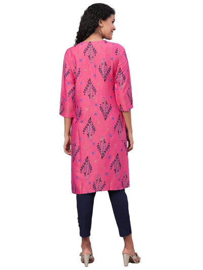 Women's Pink Printed 3/4 Sleeve Rayon Round Neck Casual Kurta Only