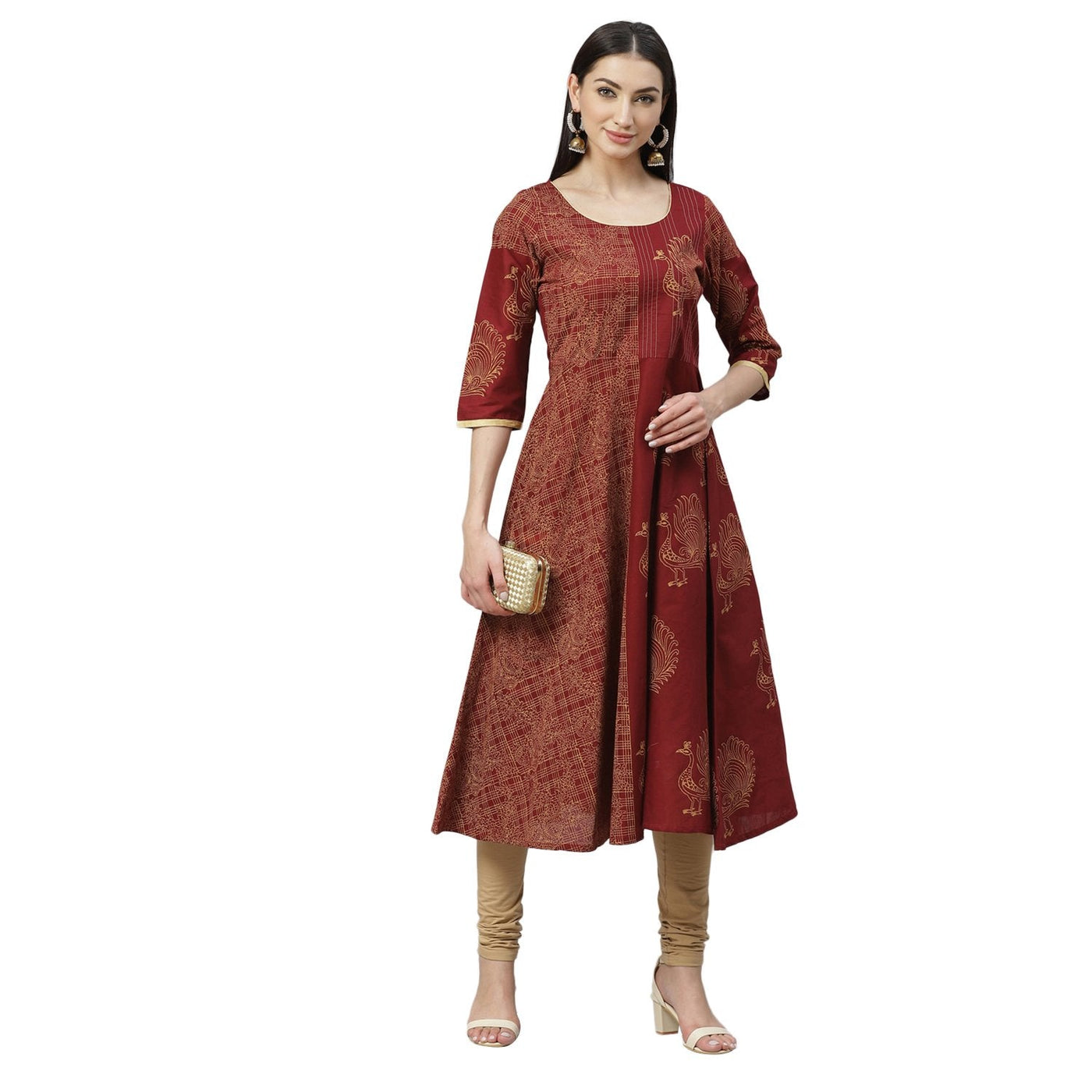 Women's Maroon Cotton Printed 3/4 Sleeve Round Neck Casual Anarkali Kurta Only