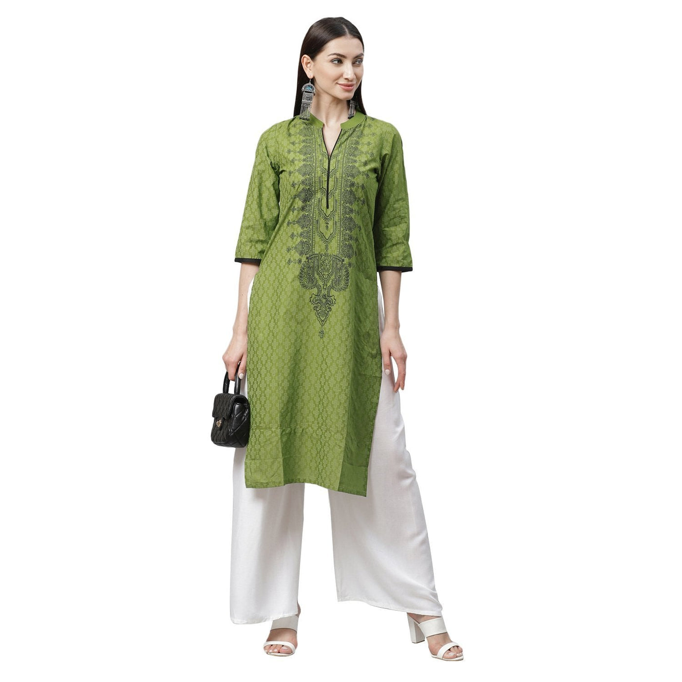 Women's Green Cotton Printed 3/4 Sleeve Mandrin Neck Casual Kurta Only