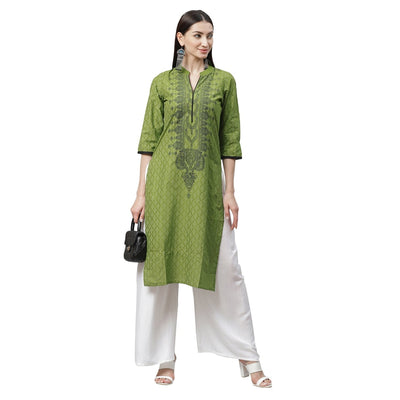 Women's Green Cotton Printed 3/4 Sleeve Mandrin Neck Casual Kurta Only